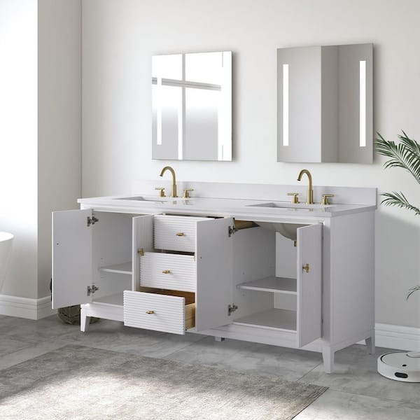 72 in. W x 34 in. H Double Sink White Bath Vanity Cabinet with Arabescato White Engineered Marble Top
