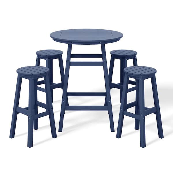 Laguna 5-Piece Bar Height HDPE Plastic Outdoor Patio Round High Top Bistro Dining Set in Navy Blue