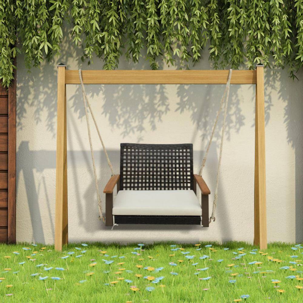 Single Off-White Rattan Porch Swing with Acacia Wood Armrests