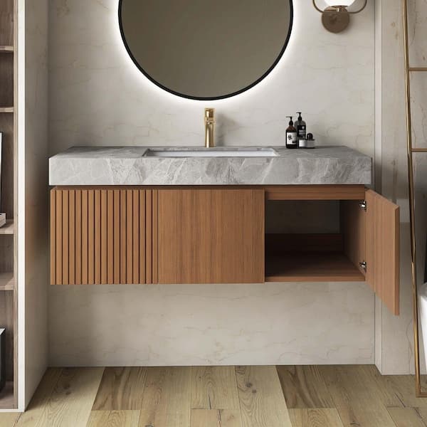＊handmade＊no.80 Yingze 48 in. Wall-Mounted Single Sink Brown Oak Bath Vanity with