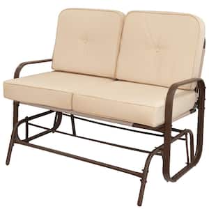 46.5 in. W Loveseat Bench Brown Metal Outdoor Swing Beige Padded Cushion Swing Base Patio Glider with Cushion guard