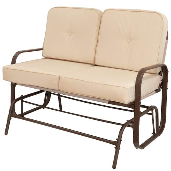 Barton 46.5 in. W Loveseat Bench Brown Metal Outdoor Swing Beige Padded Cushion Swing Base Patio Glider with Cushion guard