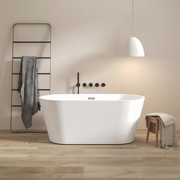 ANGELES HOME 59 in. x 29.5 in. Soaking Bathtub with Toetap Drain in Chrome and Classic Slotted Overflow, Glossy White, cUPC Certified