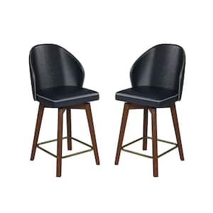 Lothar Mid-Century Modern Leather Swivel Stool Set of 2 with Solid Wood Legs-Navy