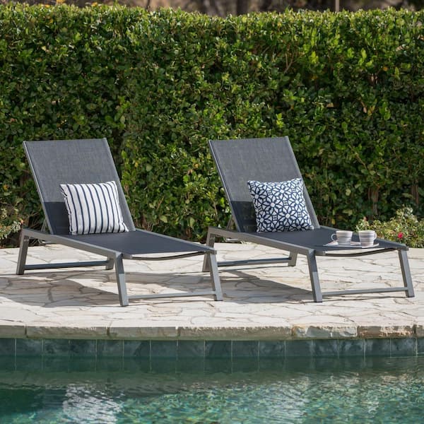 Noble House Gray and Black 2-Piece Aluminum Outdoor Chaise Lounge Set