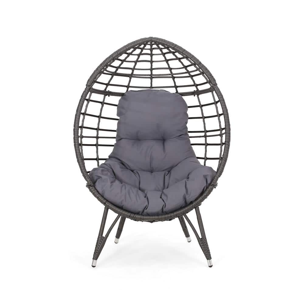 Gray PE Rattan Wicker Iron Outdoor Lounge Chair with Dark Gray Cushions