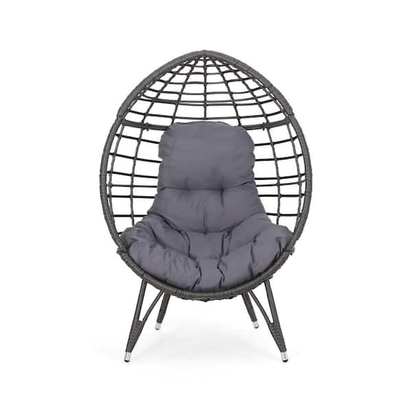 Unbranded Gray PE Rattan Wicker Iron Outdoor Lounge Chair with Dark Gray Cushions