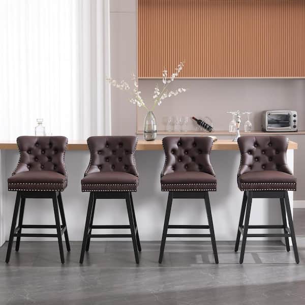 26 in. Brown Faux Leather Upholstered Solid Wood Frame Counter Height Swivel Counter Stool (Set of 4)
