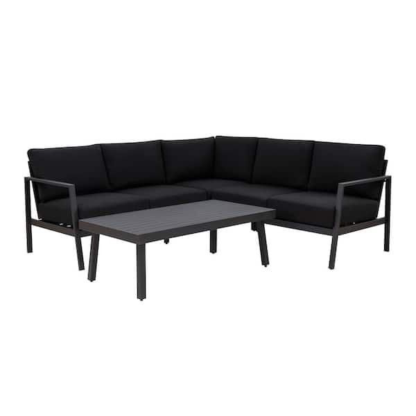 Linon Home Decor Harper Hill Black 4-Piece Aluminum Patio Conversation Sectional Seating Set with Sunbrella Black Cushions