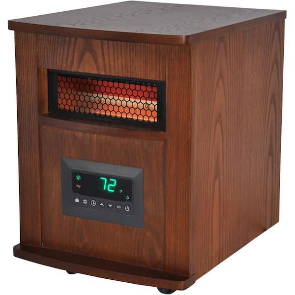 Portable 6 Element Infrared Heater w/ Remote, Timer, Oak Wood Cabinet, Small-Medium Rooms, 3-Settings, Cool to Touch