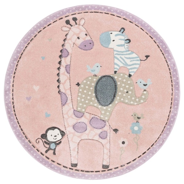 Carousel Kids 5 ft. x 5 ft. Blush Pink Animal Print Round Rug