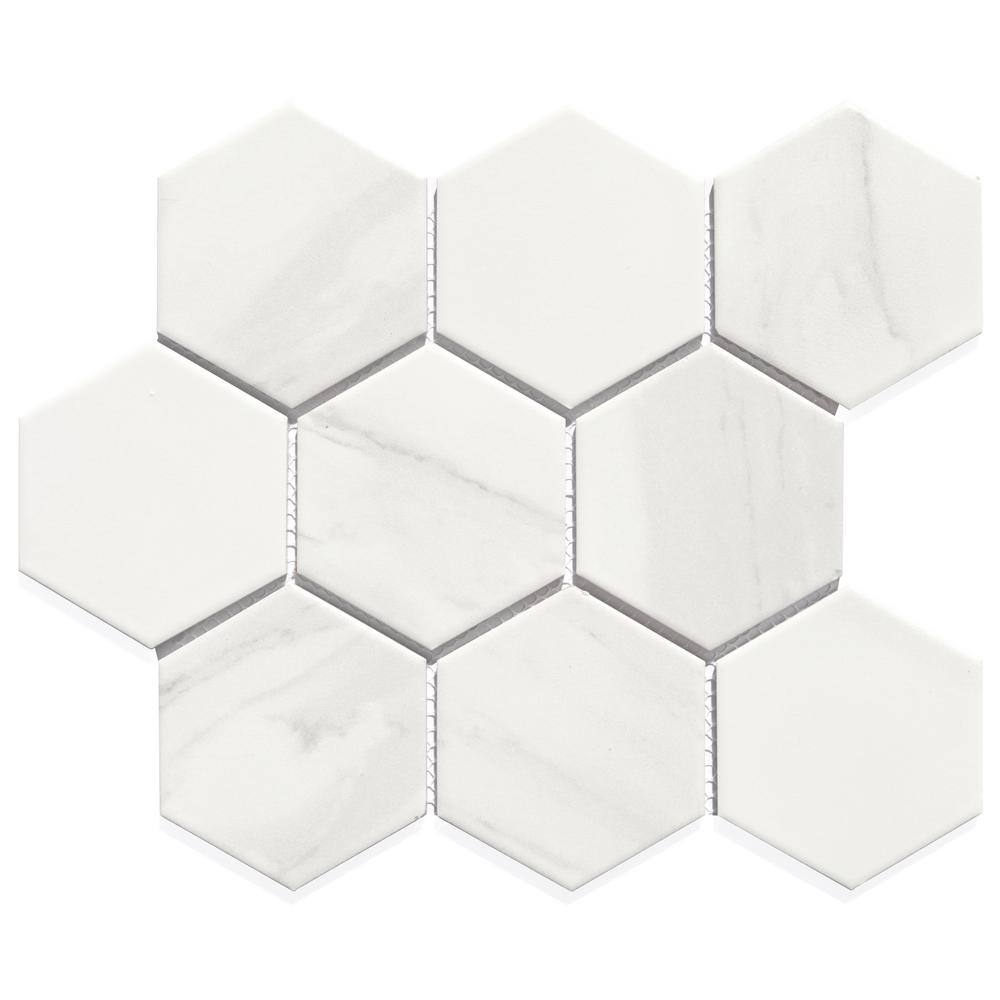 ABOLOS Monet Calacatta White Hexagon Mosaic 4 in. x 4 in. Glazed Porcelain Decorative Tile (90 sq. ft./Pallet), Calacatta White/Glazed -  PHMMNT3DX-CA