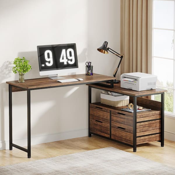 BYBLIGHT 51.9 in. L-Shaped Brown 4-Drawer Reversible Desk, Industrial Corner Desk Home Office Desk