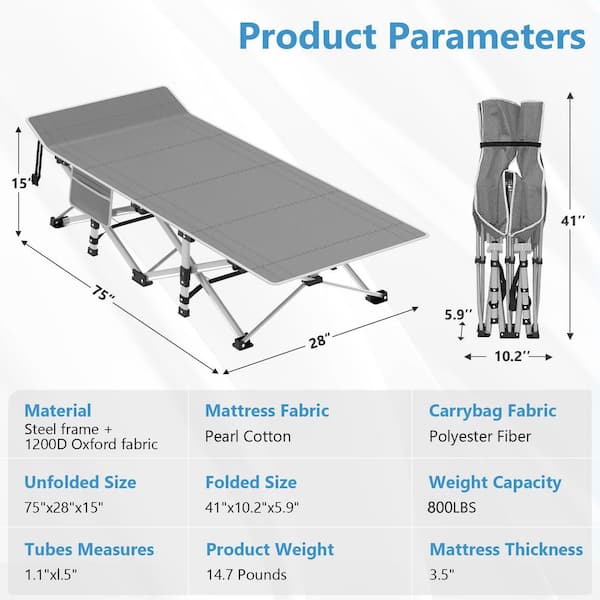 Folding Camping Cot, Heavy-Duty 800 lbs., Waterproof 1200D Oxford Fabric, Quick Setup, Portable Outdoor Bed