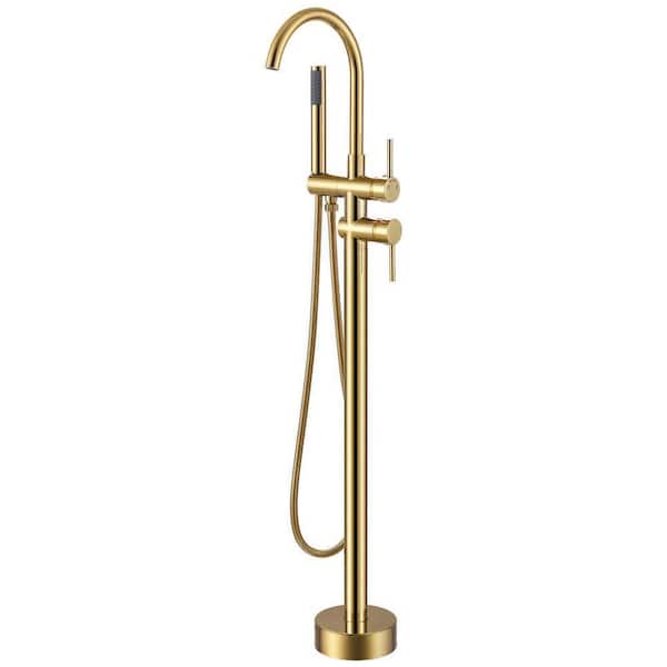 Double-Handle Claw Foot Tub Faucet Freestanding Floor Mount Roman Tub Faucet with Waterfall Spout in Brushed Gold