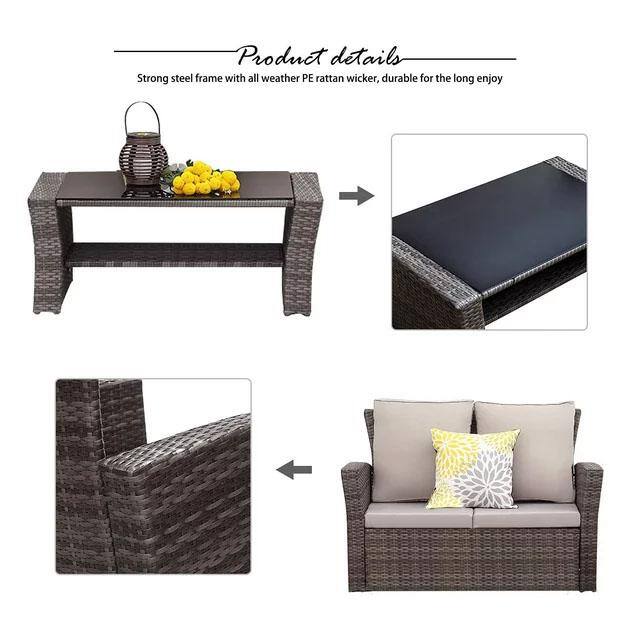 Gray 4-Piece Wicker Patio Furniture Set with Cushions