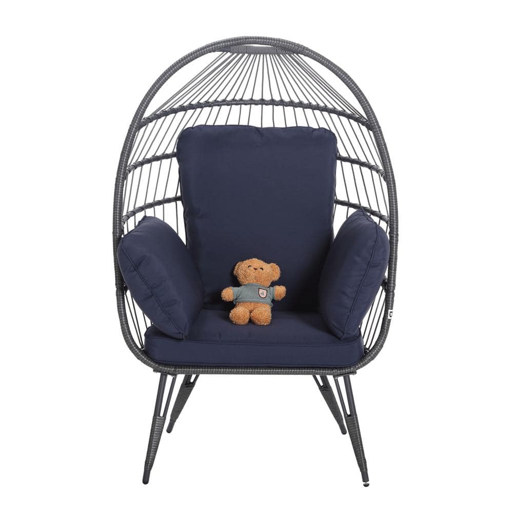Wicker Outdoor Lounge Chair Oversized Egg Chair with Stand Navy Blue Cushio