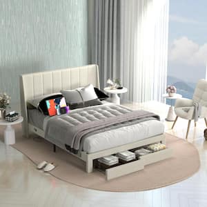 SUMMIT Queen Beige Upholstered Platform Bed with Wingback RGB LED Headboard, Built-in Charging Ports, and Storage Drawer