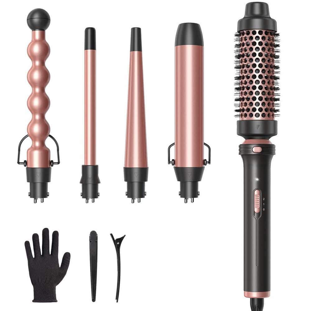 5 in 1 Rose Gold Curling Iron Set with Curling Brush, 4 Interchangeable Ceramic Curling Wand, Glove and 2 Clips