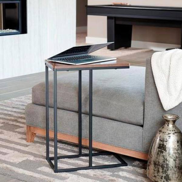 Mid-Century Walnut and Black Metal C-Shaped End Table