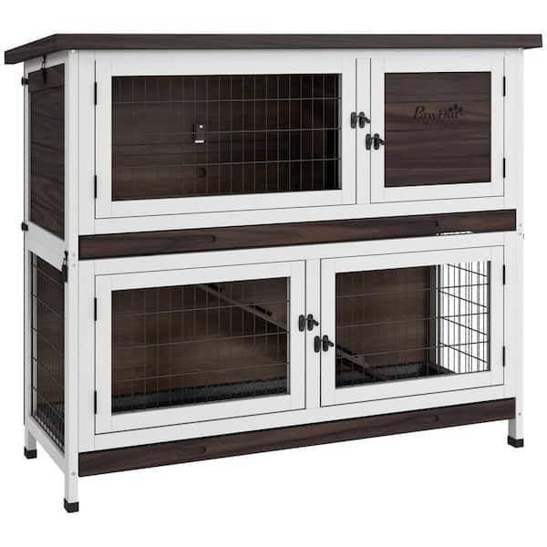 Tatayosi 2-Tier Outdoor Wooden Rabbit Cage Guinea Pig Cage Small Animal Hutch with Double Removable Trays, Ramp, Asphalt Roof