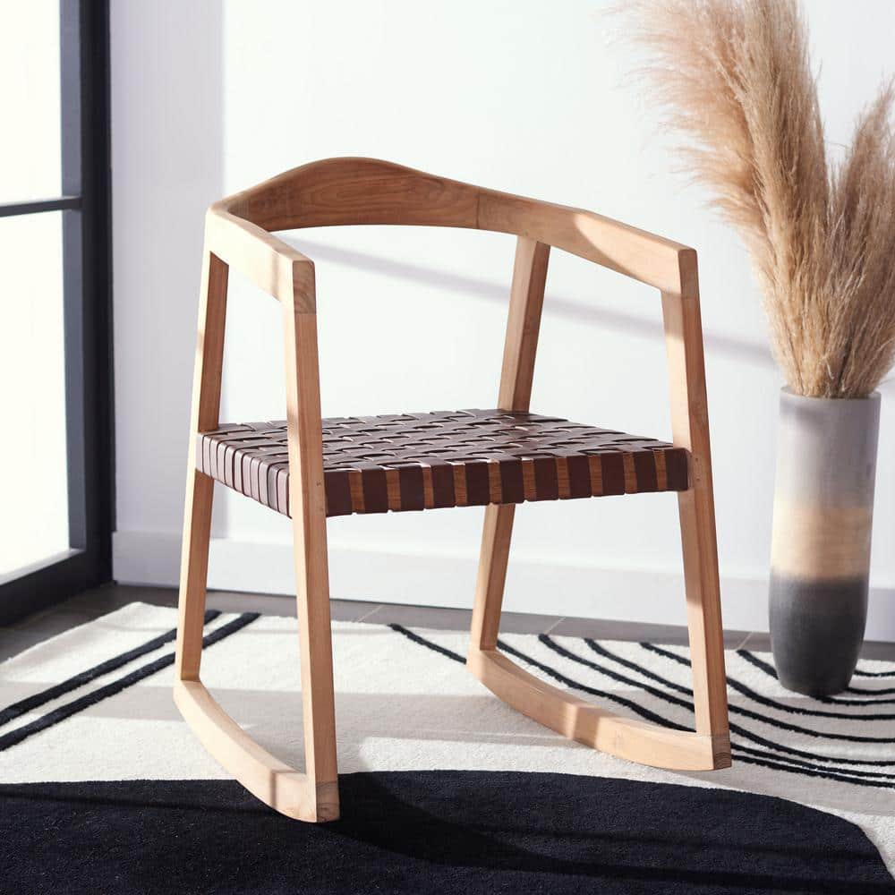 Willa Cognac Genuine Leather and Natural Teak Rocking Dining Chair