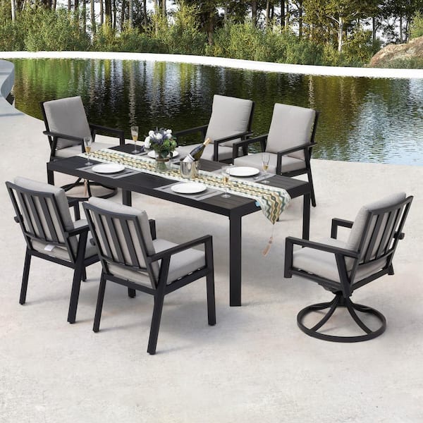 Black 7-Piece Aluminum Outdoor Dining Set with Gray Cushion