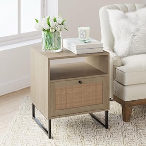 Mina Oak-Finish Particleboard Wood Black Modern Accent Storage Living Room Sofa Side End Table Bedroom Nightstand