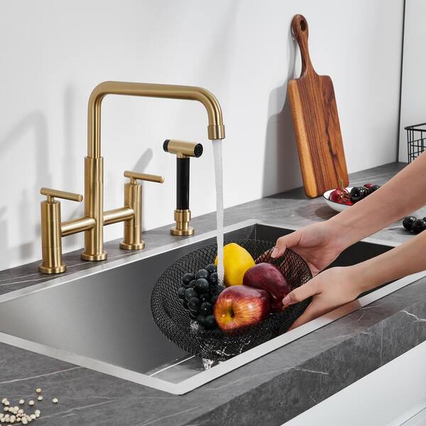 Double Handle Bridge Kitchen Faucet in Brushed Gold, with Put Out
