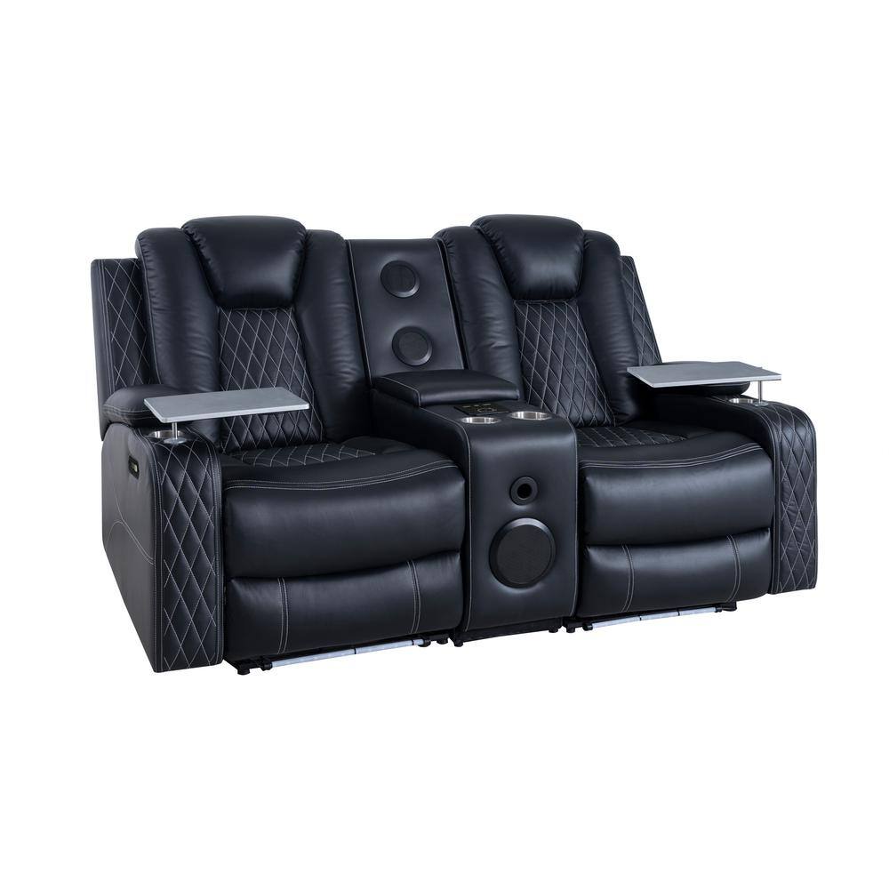 Black Faux Leather Reclining Loveseat with Cup Holders and LED Lights