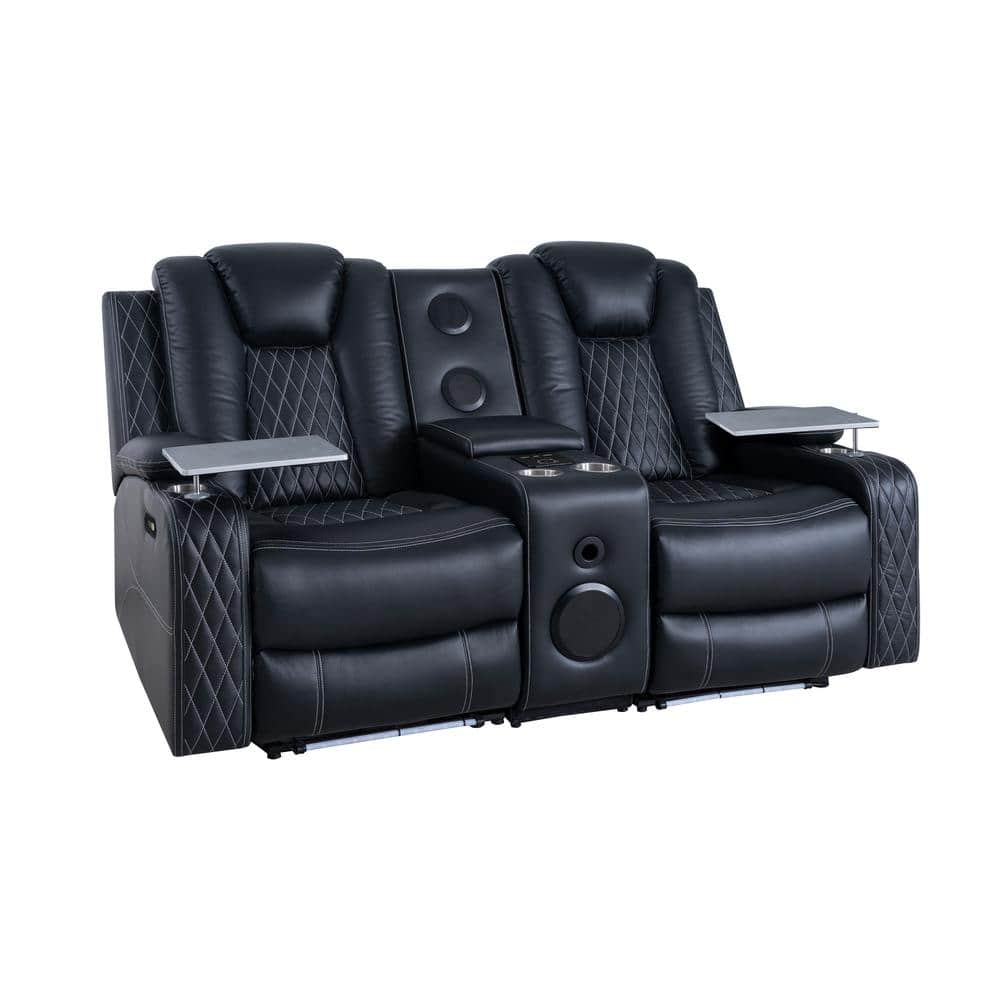 Black Faux Leather Reclining Loveseat with Cup Holders and LED Lights