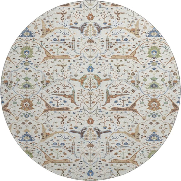 Mayfield Premium Machine Washable Abstract AMF2250 Ivory 8 ft. x 8 ft. Round Rug