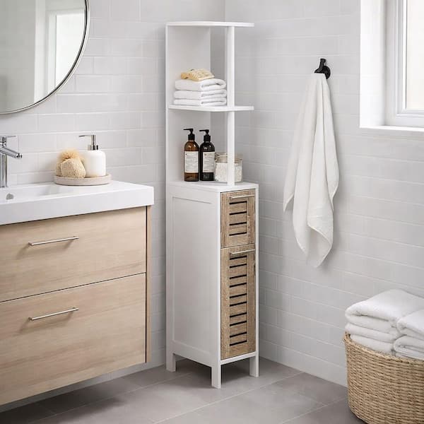 STOCKHOLM 7.2 in. W x 12 in. D x 51.4 in. H Free Standing Linen Cabinet Slim with 2-Doors Brown Oak