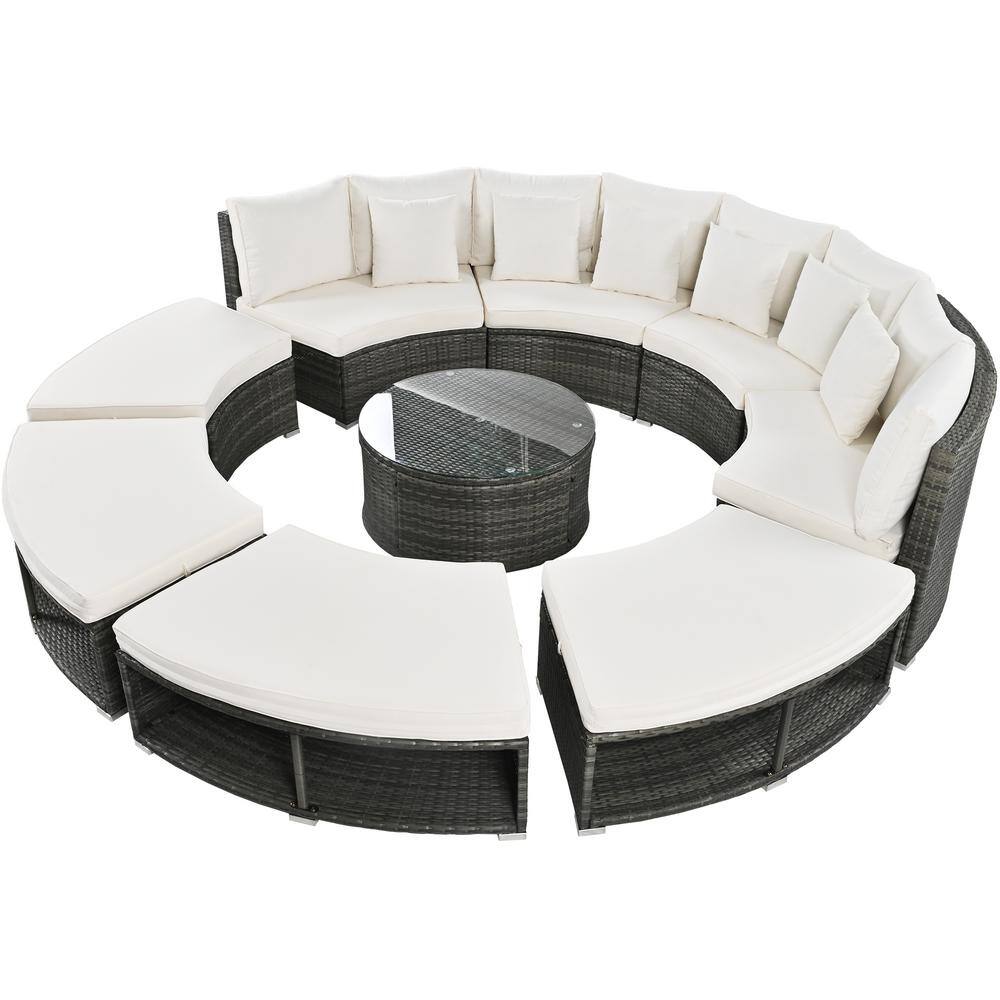 9-Piece Wicker Patio Conversation Set with Beige Cushions,Patio Furniture S