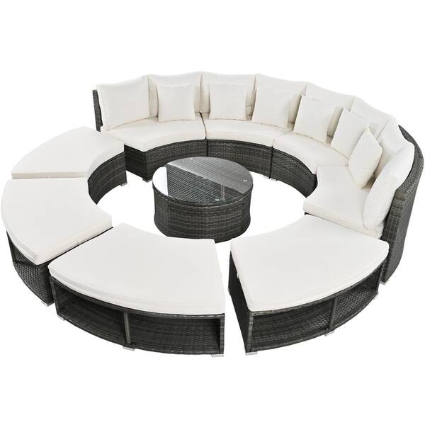 Unbranded 9-Piece Wicker Patio Conversation Set with Beige Cushions,Patio Furniture Set Outdoor Furniture Daybed with Coffee Table