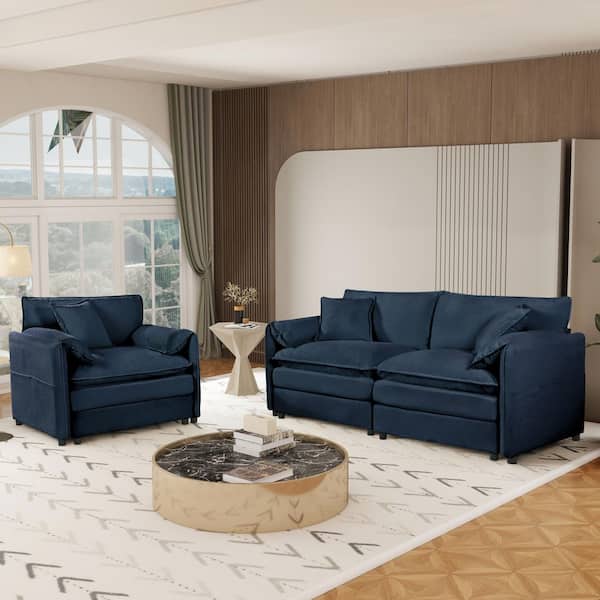 Bianca Modern 3-Piece Blue Upholstered Chenille Living Room Set Loveseat and Armchair Set with 3 Pillows