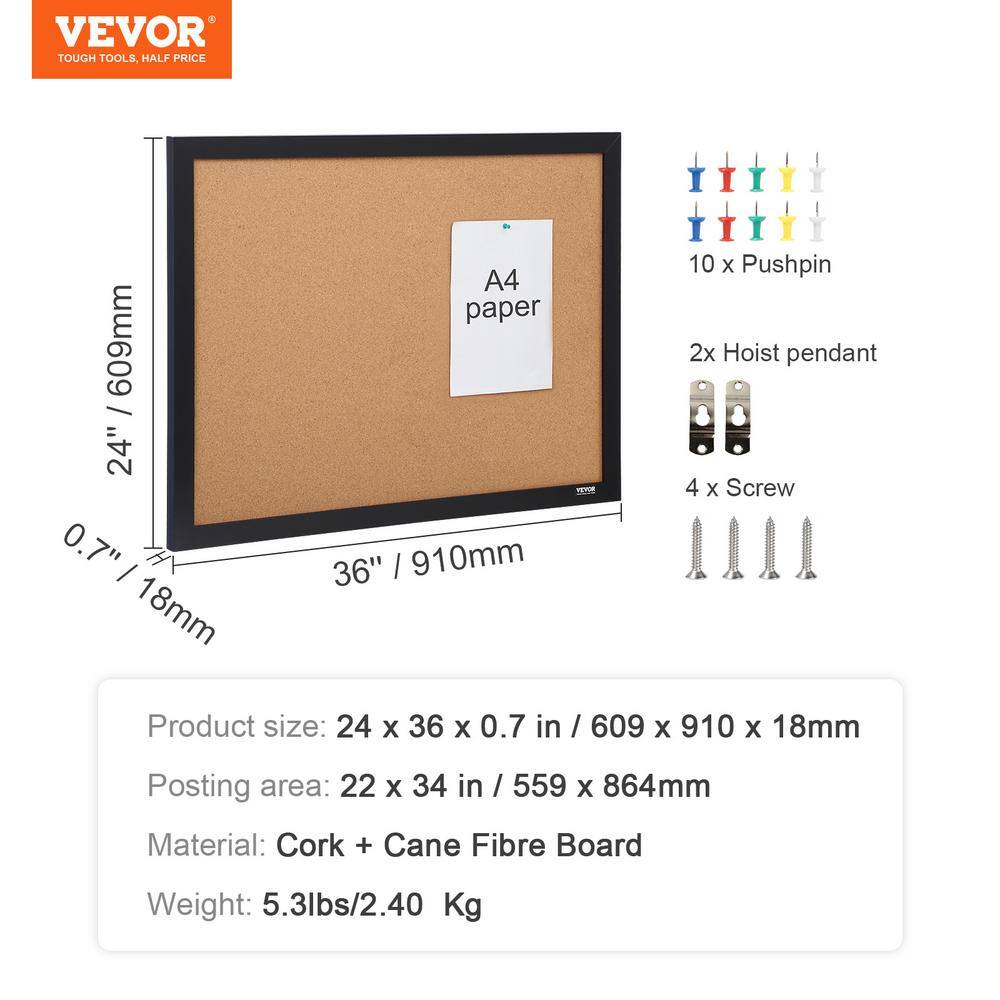 VEVOR 24" x 36" Black Framed Cork Bulletin Board