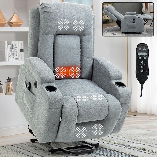 Clihome Grey Single Motor Power Lift Recliner Chair Polyester Massage Chair with USB Charging Port, Cup Holders