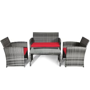 Grey 4-Piece Outdoor Wicker Patio Conversation Set Rattan Conversation Sofa Set