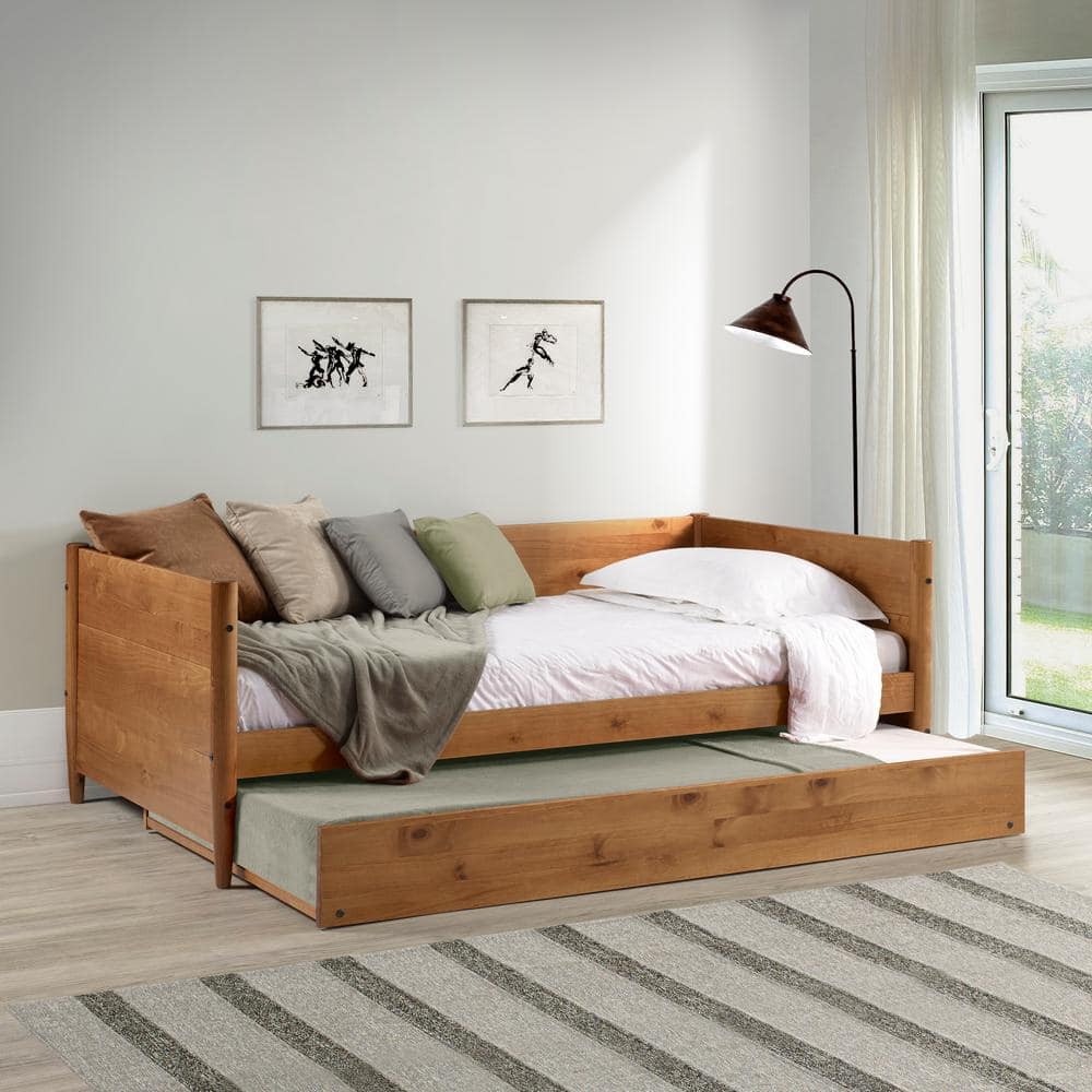 Mid-Century Pine Twin Daybed with Trundle and Wood Slats