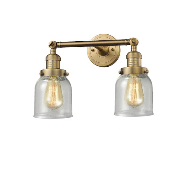 Innovations Bell 16 in. 2-Light Brushed Brass Vanity Light with Seedy Glass Shade