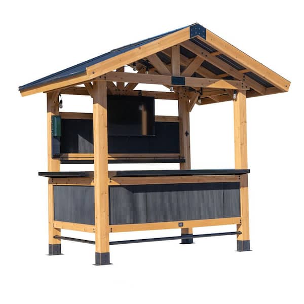 Backyard Discovery Palisade 9 ft. x 6 ft. Cedar Wood Outdoor Bar Gazebo Pergola with Galvanized Steel Roof, Bar Tops, and PowerPort