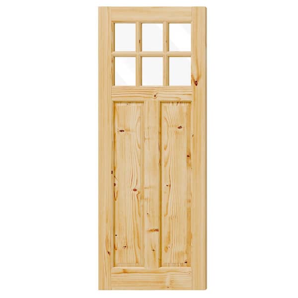 30 in. x 80 in. 6 Lite, Universal, Clear Glass, Solid Pine Wood, Light Brown Primed Wood Front Door Slab