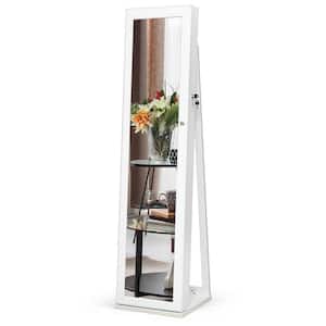 White Wood Standing Lockable Jewelry Storage Organizer with Full-Length Mirror
