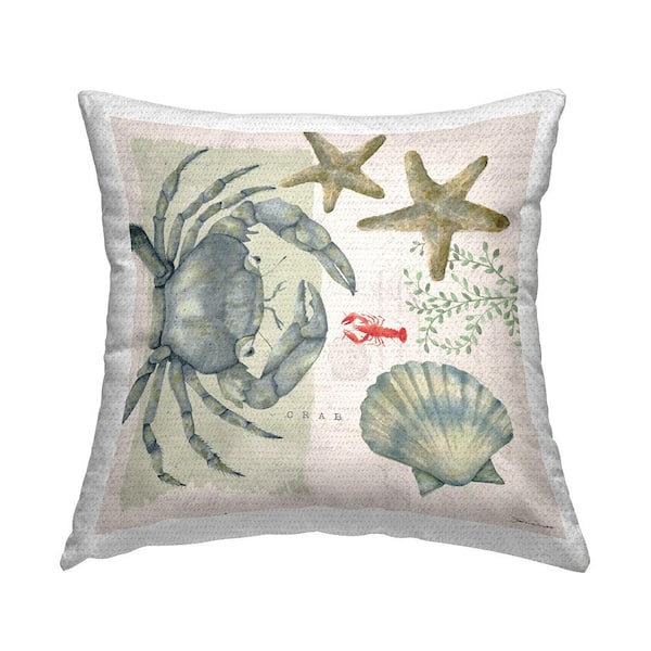 Nautical Crab Various Sea Life Botanical Shells Blue Square Outdoor Throw Pillow