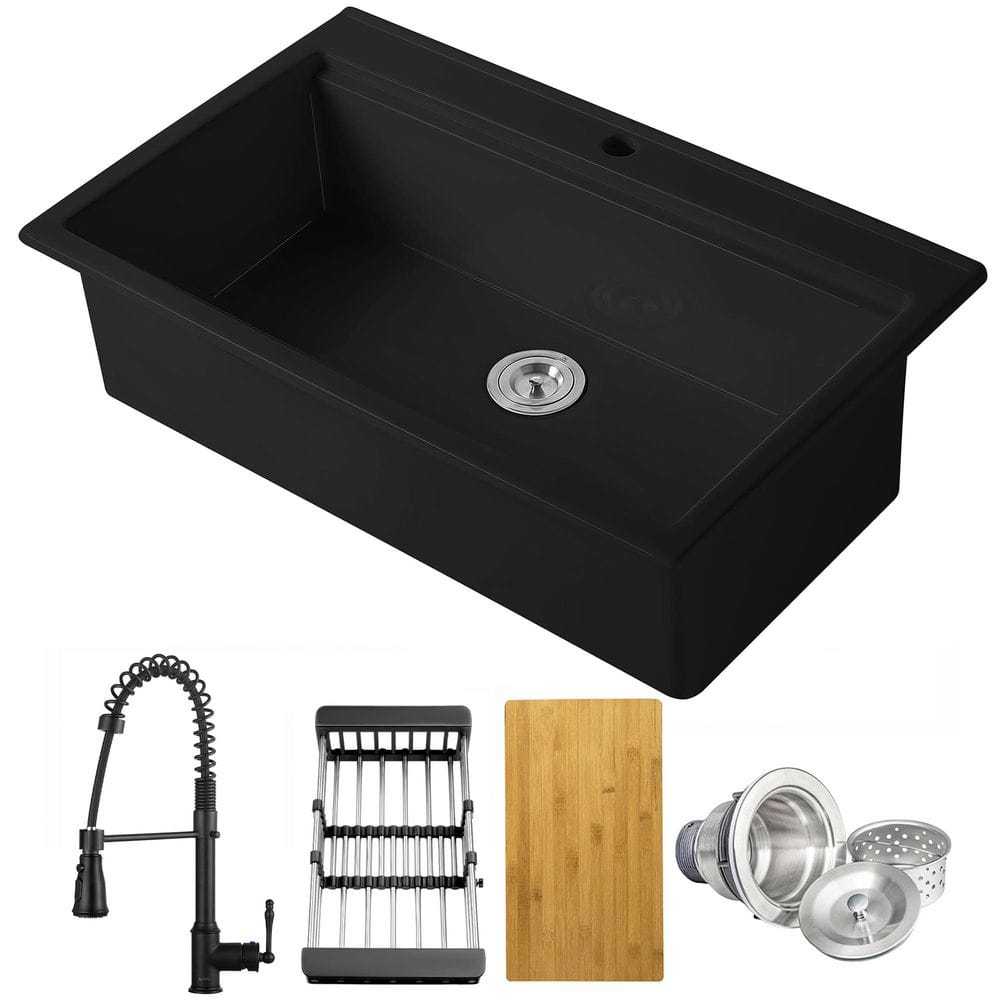 Workstation 36 in. Drop-In Mount Single Bowl Black Fireclay Kitchen Bundle and Faucets with Basket Strainer price history on PriceWatchPro
