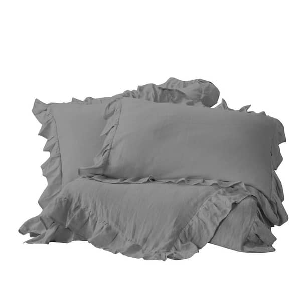 Delara GOTS Certified 3-Pieces Dark Grey Ruffled Organic Cotton 300 TC, 8 Internal Ties, Fair Trade King Duvet Set