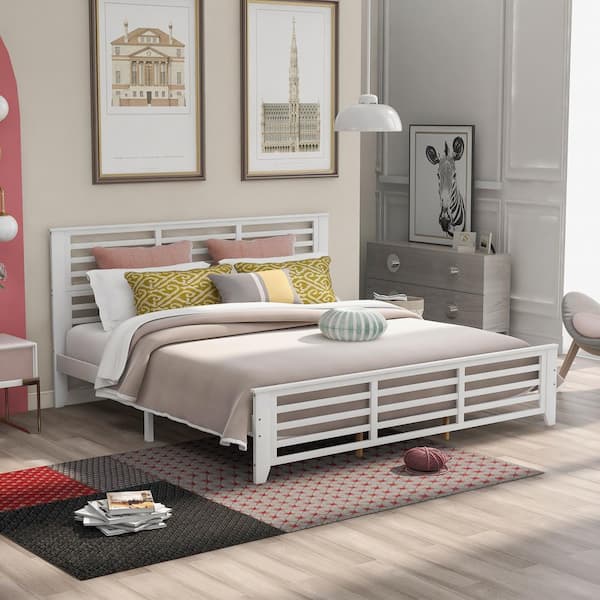 Polibi White Wood Frame King Size Platform Bed with Horizontal Strip Hollow Shape