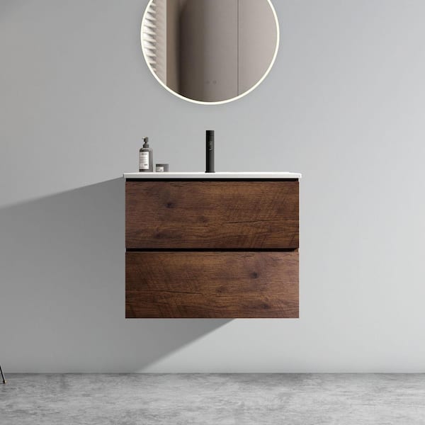 Staykiwi 24 in. W x 18 in. D x 21 in. H Single Sink Wall-Mounted Bath Vanity in Walnut with White Ceramic Top
