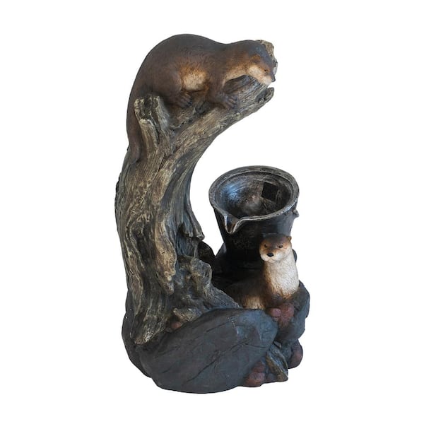 Siavonce 16.9 in. x 15 in. x 31.3 in. Decorative Brown Water Tiered Foutain with Otter Design, with Light and Pum